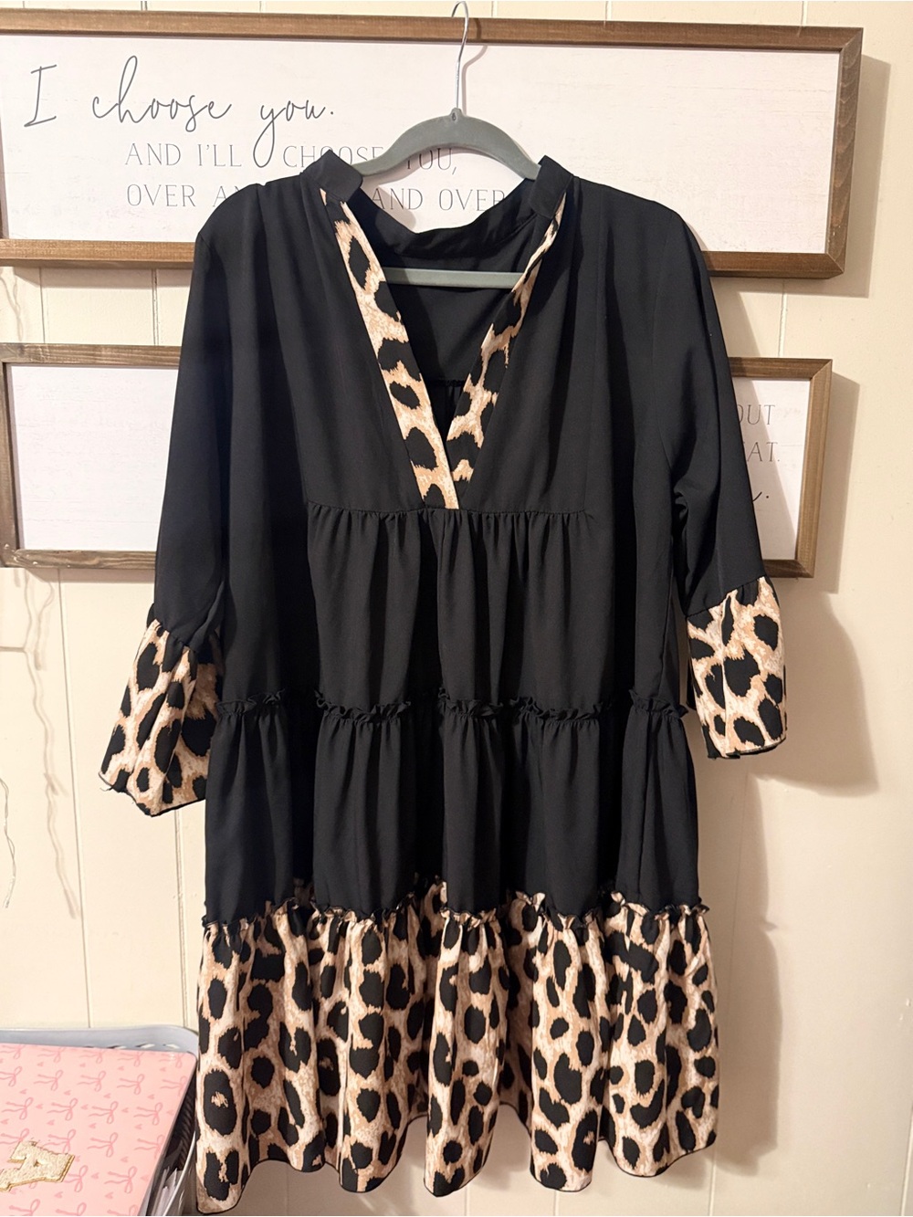 Black Tiered Tunic Dress with Leopard Trim